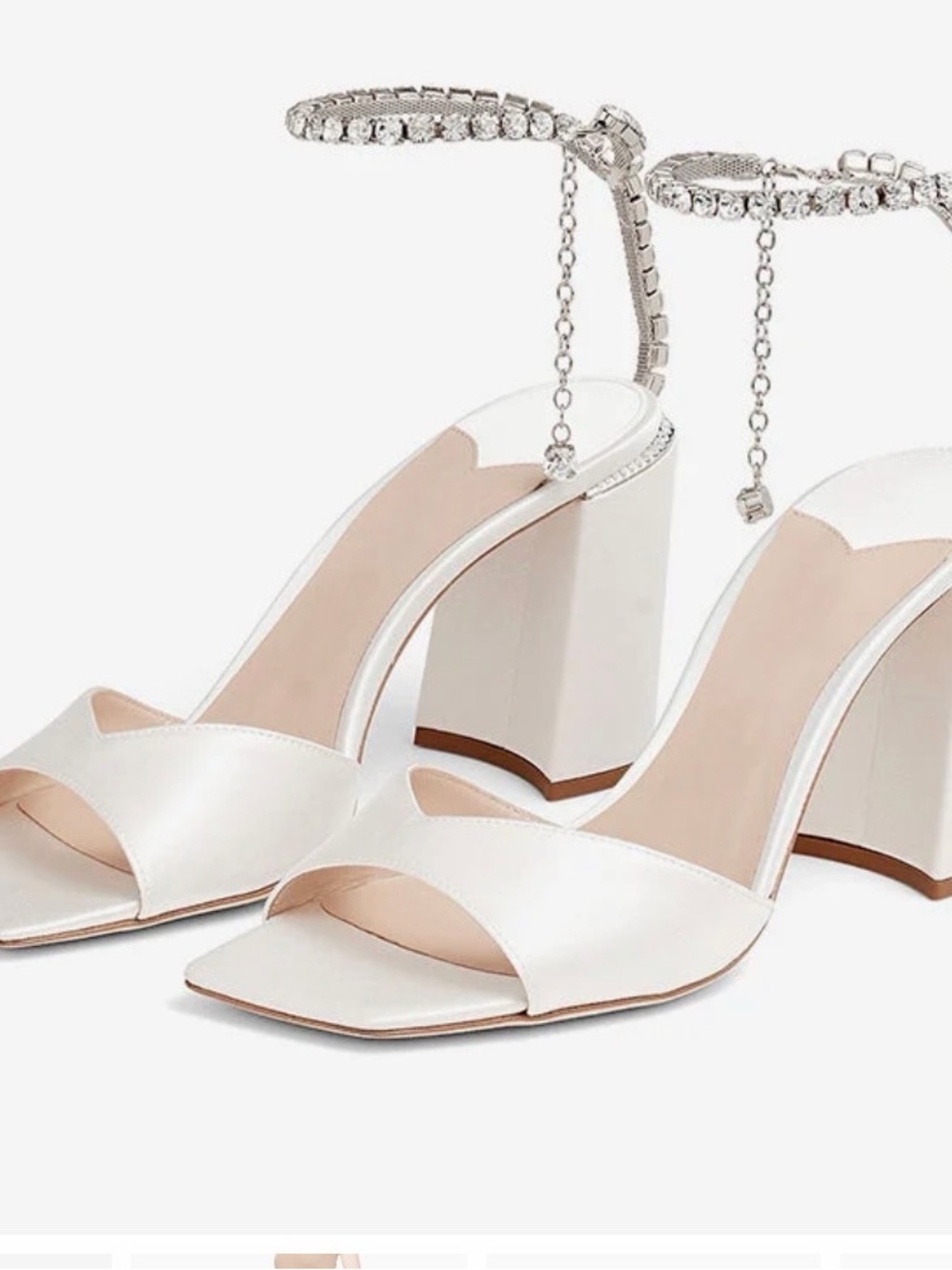Crystal-Ankle White Block Heel Sandals